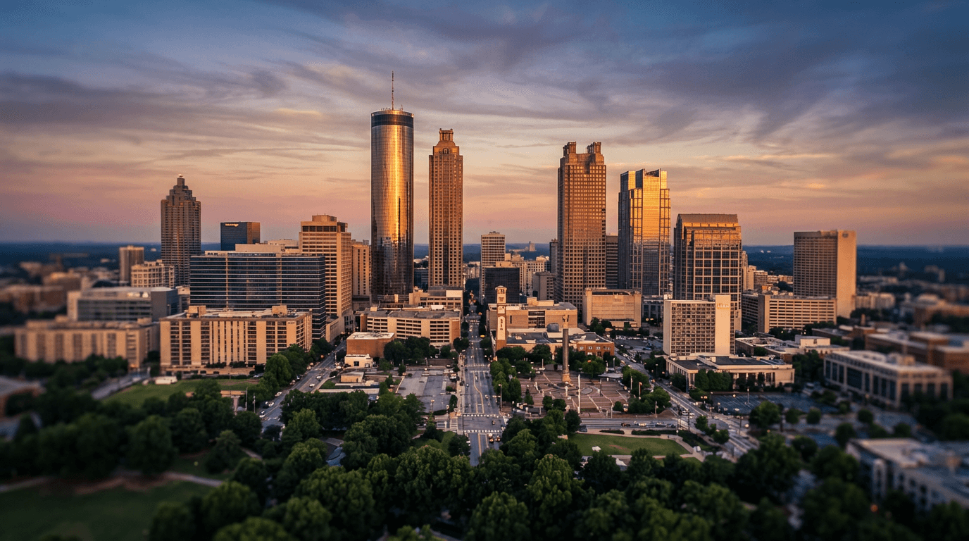 Downtown Atlanta skyline at golden hour with illuminated office towers and layered tree canopies in soft warm light.